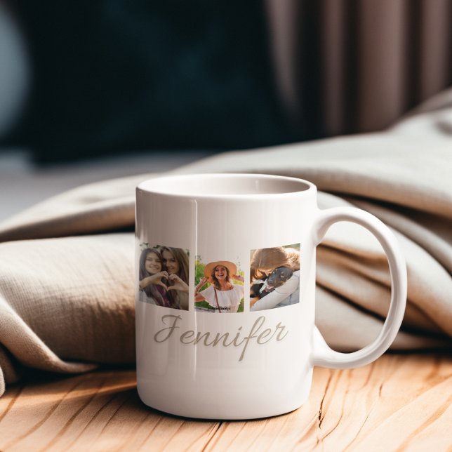 Signature Strip Collage Coffee Mug (“Storytelling coffee mug featuring rectangular photo strip layout with elegant script name detail.”)