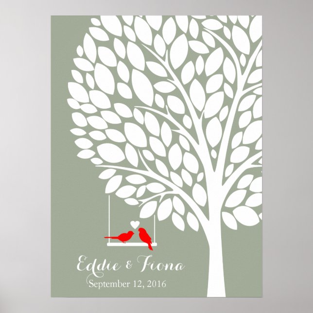 signature wedding guest book tree bird red (Front)