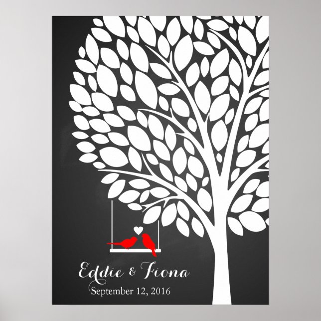 signature wedding guest book tree bird red (Front)