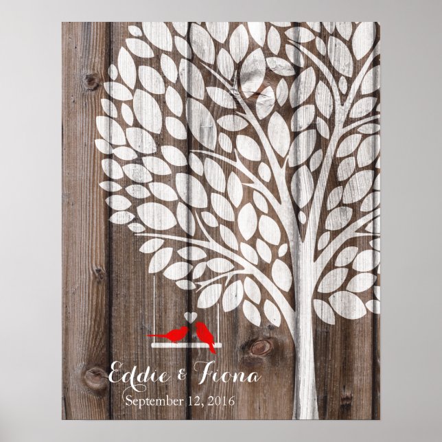 signature wedding guest book tree bird red wood (Front)
