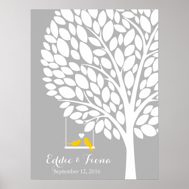 signature wedding guest book tree bird yellow (Front)