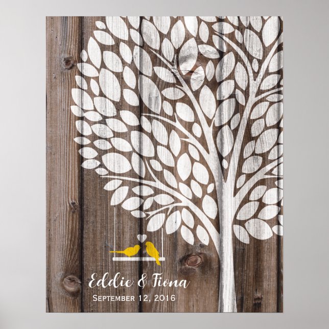 signature wedding guest book tree bird yellow wood (Front)