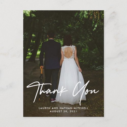 Signature  White Script Wedding Photo Thank You Postcard