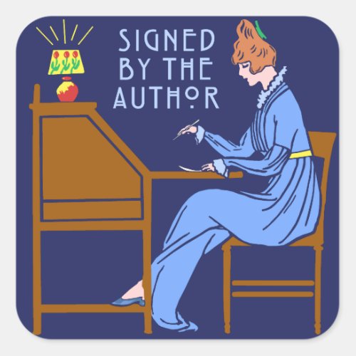 Signed By the Author Book Signing Lady in Blue Square Sticker