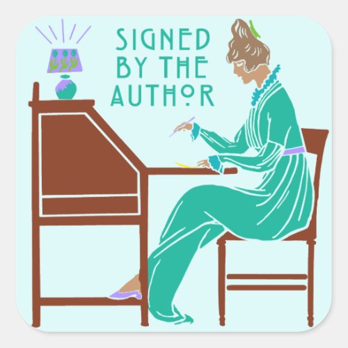 Signed By the Author Book Signing Lady in Teal Square Sticker