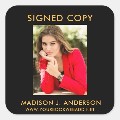 Signed Copy Author Writer Photo Web Black Gold Square Sticker