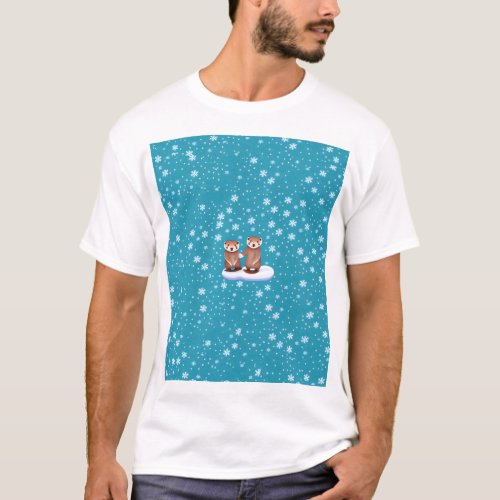 Significant Otters and Snowflakes Drawing T_Shirt 