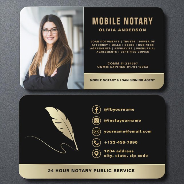 Signing Agent Mobile Notary Photo Black & Gold Business Card (Creator Uploaded)