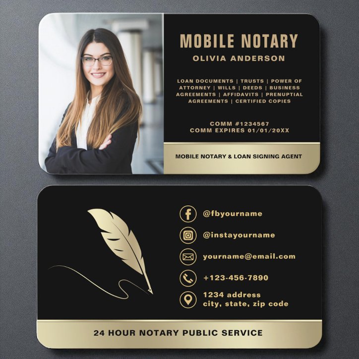Signing Agent Mobile Notary Photo Black Gold Business Card