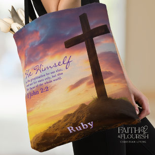 Sihouette Cross at Dusk Scripture Personalized Tote Bag