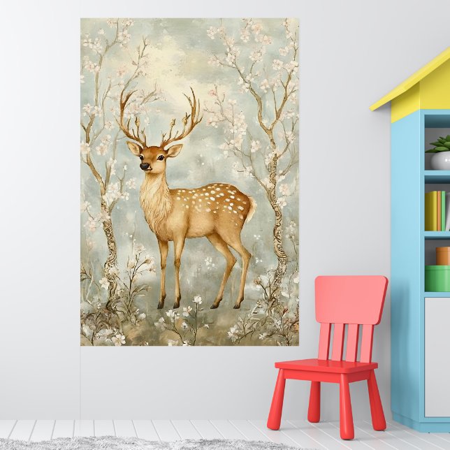 sika deer in a spring forest, surrounded by flower poster (Nursery 1)