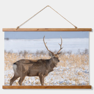 Sika Stag In a Snowy Field Japan Hanging Tapestry