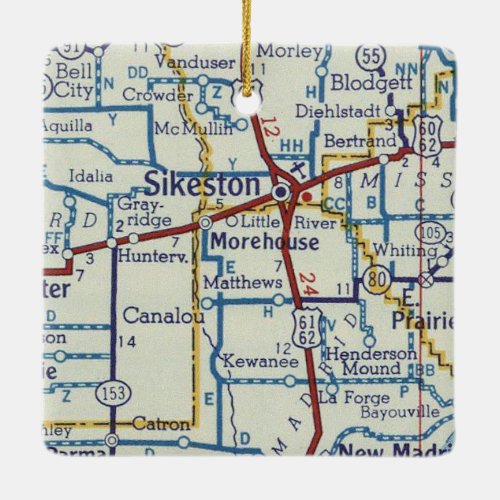 Sikeston MO Vintage Map Ceramic Ornament