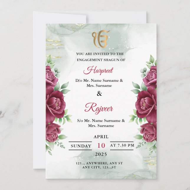 Sikh Engagement Shagun Invitation Card, Roka Card (Front)