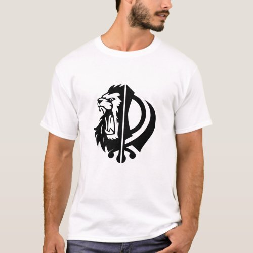 Sikh symbol khanda with Half Lion Face T_Shirt