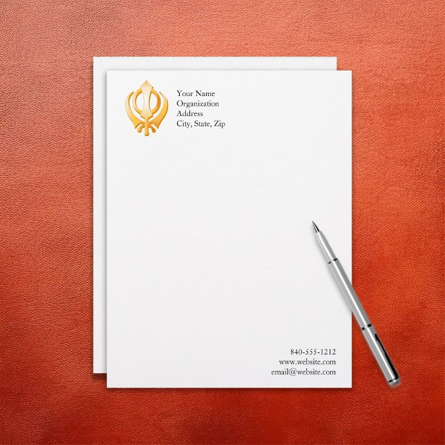 Sikh Symbol Letterhead (Sikh Letterhead, Gold Khanda, symbol of the Sikh religion. Customize with your text.)