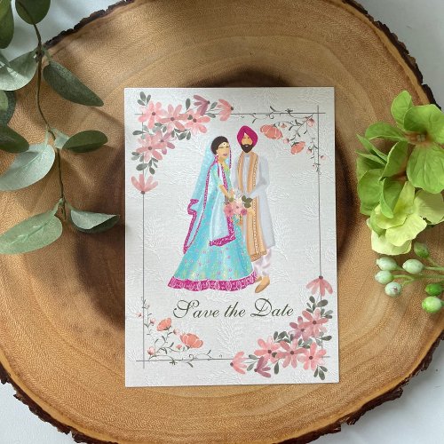 Sikh wedding couple illustration save the date