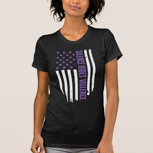Silence Hides Violence Purple Ribbon American Flag T-Shirt (Front)
