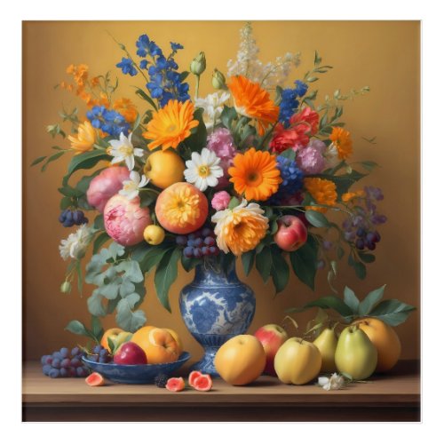 Silence with flowers in Delftbaluwe vase and Fruit Acrylic Print