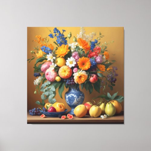 Silence with flowers in Delftbaluwe vase and Fruit Canvas Print