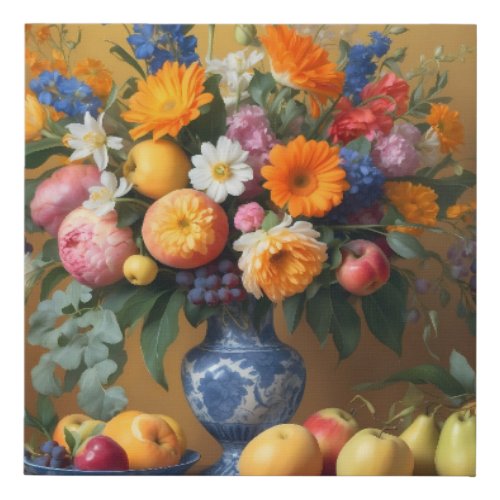 Silence with flowers in Delftbaluwe vase and Fruit Faux Canvas Print