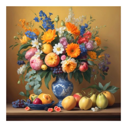 Silence with flowers in Delftbaluwe vase and Fruit Photo Print