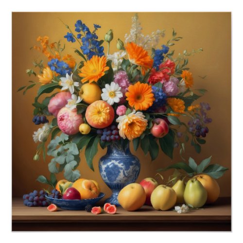 Silence with flowers in Delftbaluwe vase and Fruit Poster