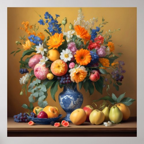 Silence with flowers in Delftbaluwe vase and Fruit Poster