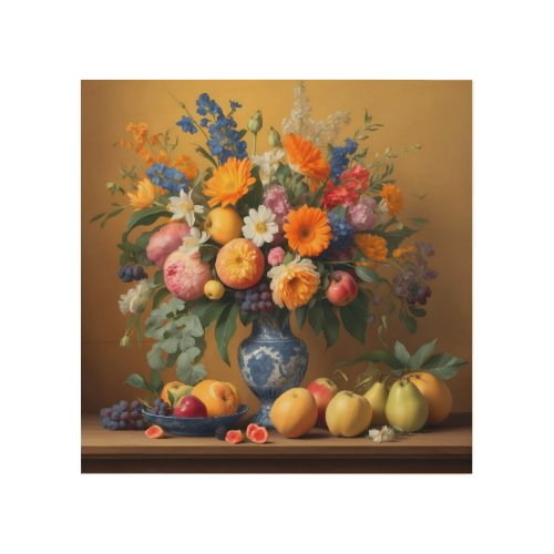 Silence with flowers in Delftbaluwe vase and Fruit Wood Wall Art