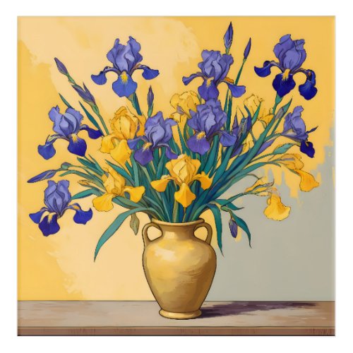 Silence with Yellow and Blue Irissen in a Golden Acrylic Print