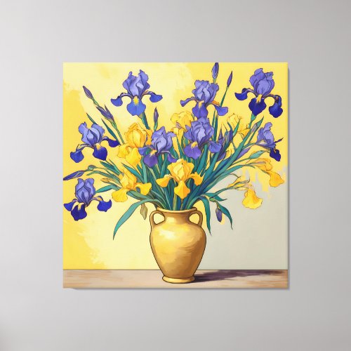 Silence with Yellow and Blue Irissen in a Golden Canvas Print