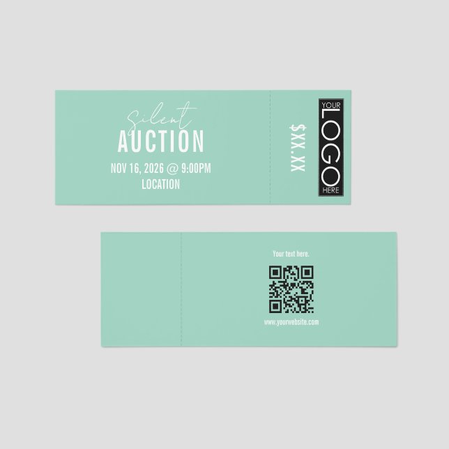 Silent Auction Admission Ticket Logo QR Code Teal (Front/Back)