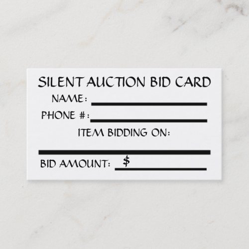 Silent Auction Bid Card White