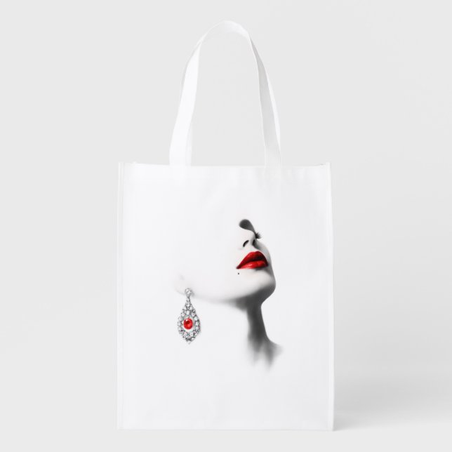 Silent Beauty – Monochrome Charcoal Art with Red  Grocery Bag (Front)