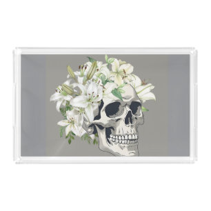 Silent Bloom: Skull & White Lilies Acrylic Tray