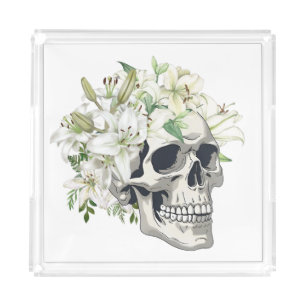 Silent Bloom: Skull & White Lilies Acrylic Tray