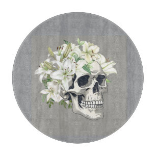 Silent Bloom: Skull & White Lilies Cutting Board