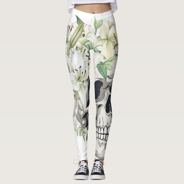 Silent Bloom: Skull & White Lilies Leggings (Front)
