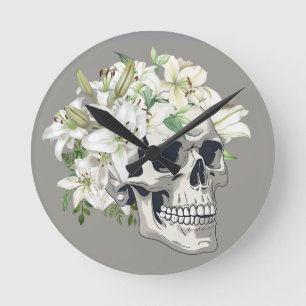 Silent Bloom: Skull & White Lilies Round Clock