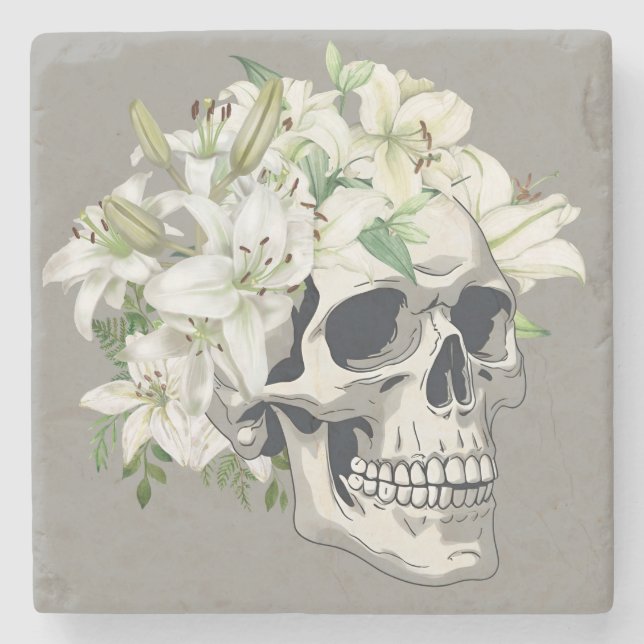 Silent Bloom: Skull & White Lilies Stone Coaster (Front)
