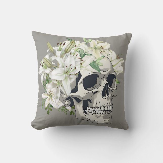 Silent Bloom: Skull & White Lilies Throw Pillow (Front)
