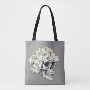 Silent Bloom: Skull & White Lilies Tote Bag