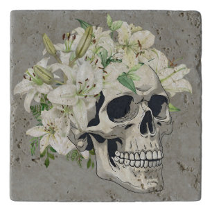Silent Bloom: Skull & White Lilies Trivet