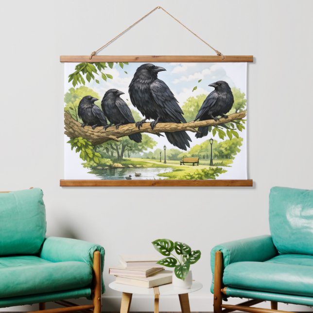 Silent Gathering – Crows on a Park Branch Hanging Tapestry (Living Room)