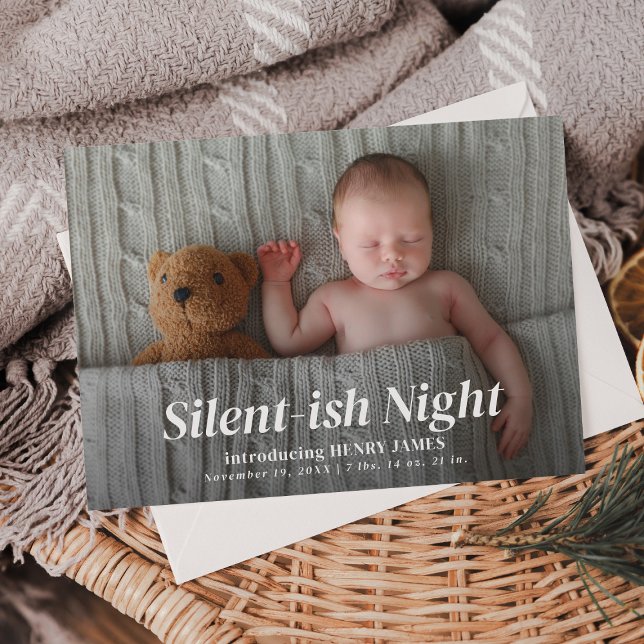Silent-ish Night Modern Full Photo Baby Birth Holiday Card (Creator Uploaded)