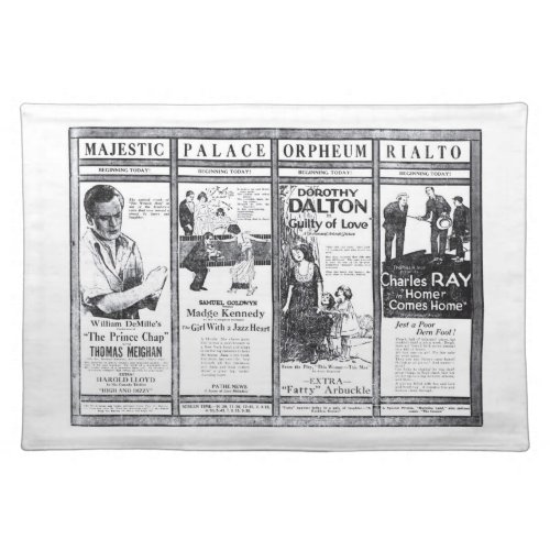 Silent Movie black  white newspaper ads 1920 Cloth Placemat