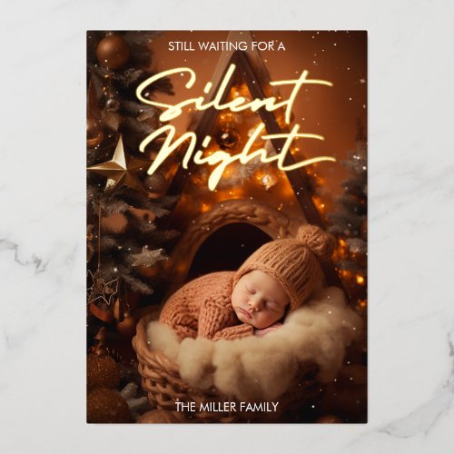 Silent Night Baby First Christmas Modern Script Foil Holiday Card