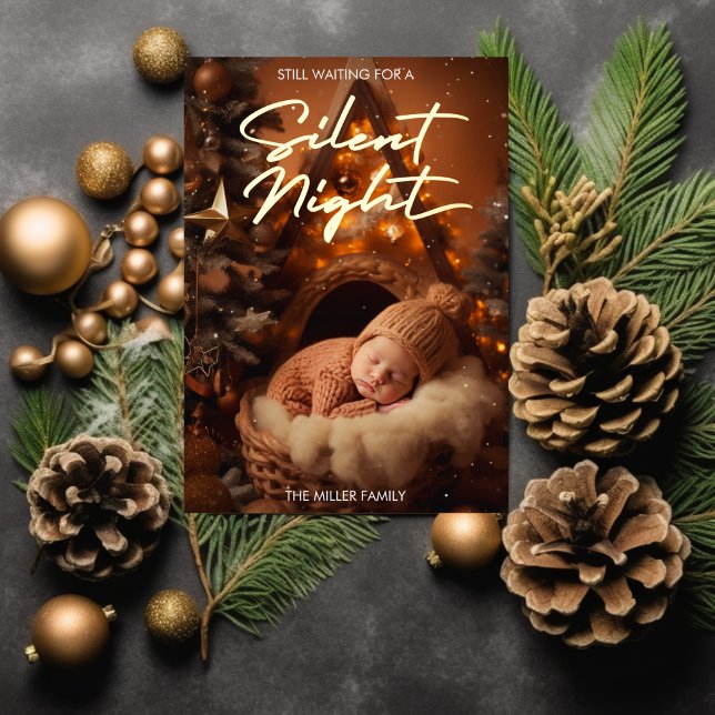Silent Night Baby First Christmas Modern Script Foil Holiday Card (Silent Night Baby First Christmas Modern Script Foil Holiday Card)
