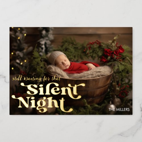Silent Night Babys First Christmas Minimal Retro Foil Holiday Card