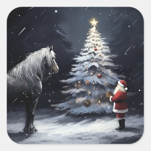 Silent Night _ Beautiful Horse and Santa Christmas Square Sticker